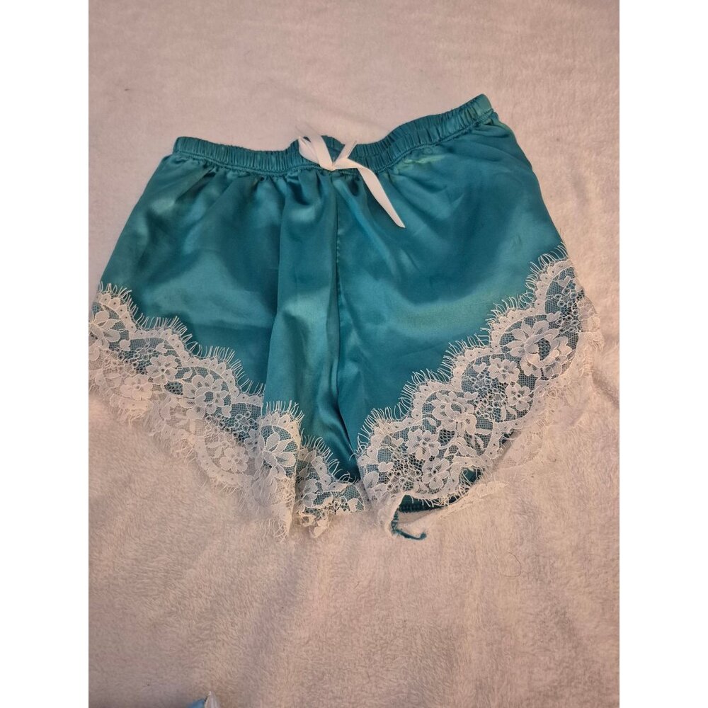 Silky Teal Sleep Shorts With White Lace Trim, Size Medium